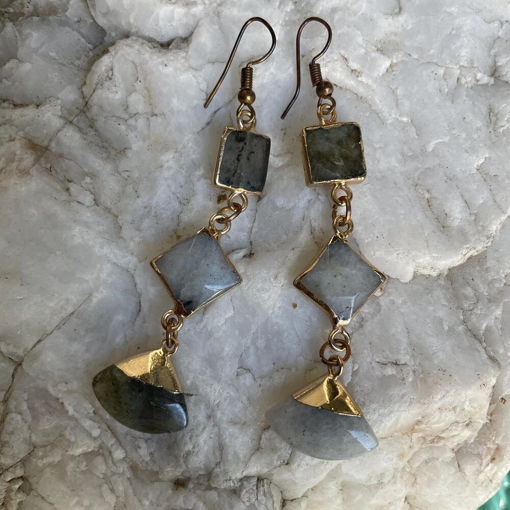 Natural Labradorite Geometric Dangle Earrings | Gold Tone Boho Artisan Statement
